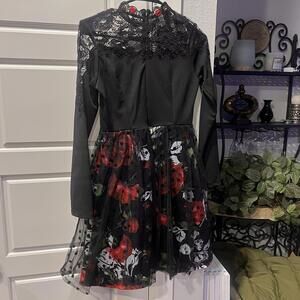 Black Lace and Floral Mesh Long Sleeve Dress, Medium
